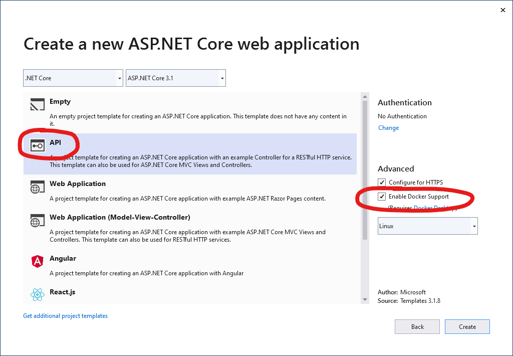 Visual Studio 2019 - New ASP.NET Web API project with Docker support enbled