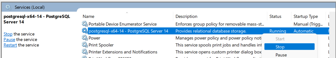 Services -> postgresql -> Stop