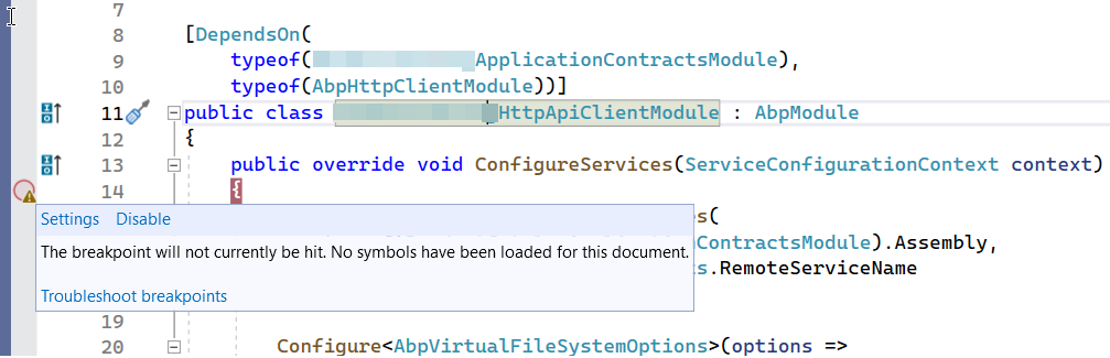 ABP Error: The breakpoint will not currently be hit. No symbols have been loaded for this document.